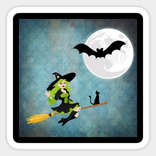 Green Haired Witch Flying on Broom With Cat Sticker